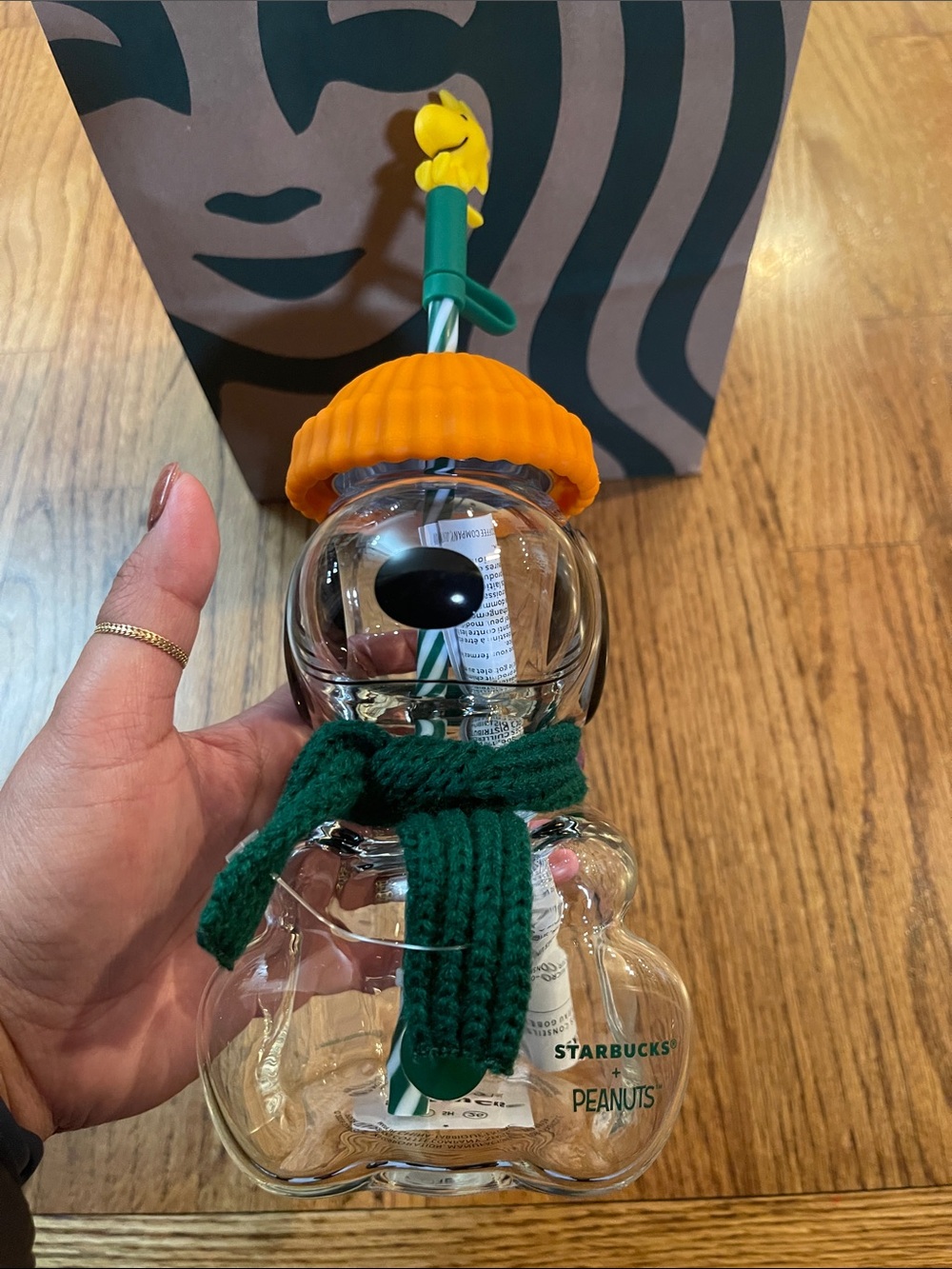 Starbucks Peanuts Snoopy Glass Tumbler with Orange Hat and Green Scarf